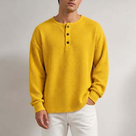 Women's waffle knit henley top with long sleeves and button placket