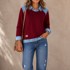 Women's colourblock sweatshirt with denim-style yoke and long sleeves