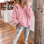 Women's oversized sweatshirt with asymmetric cutout shoulder, overlapping V-neckline and long sleeves