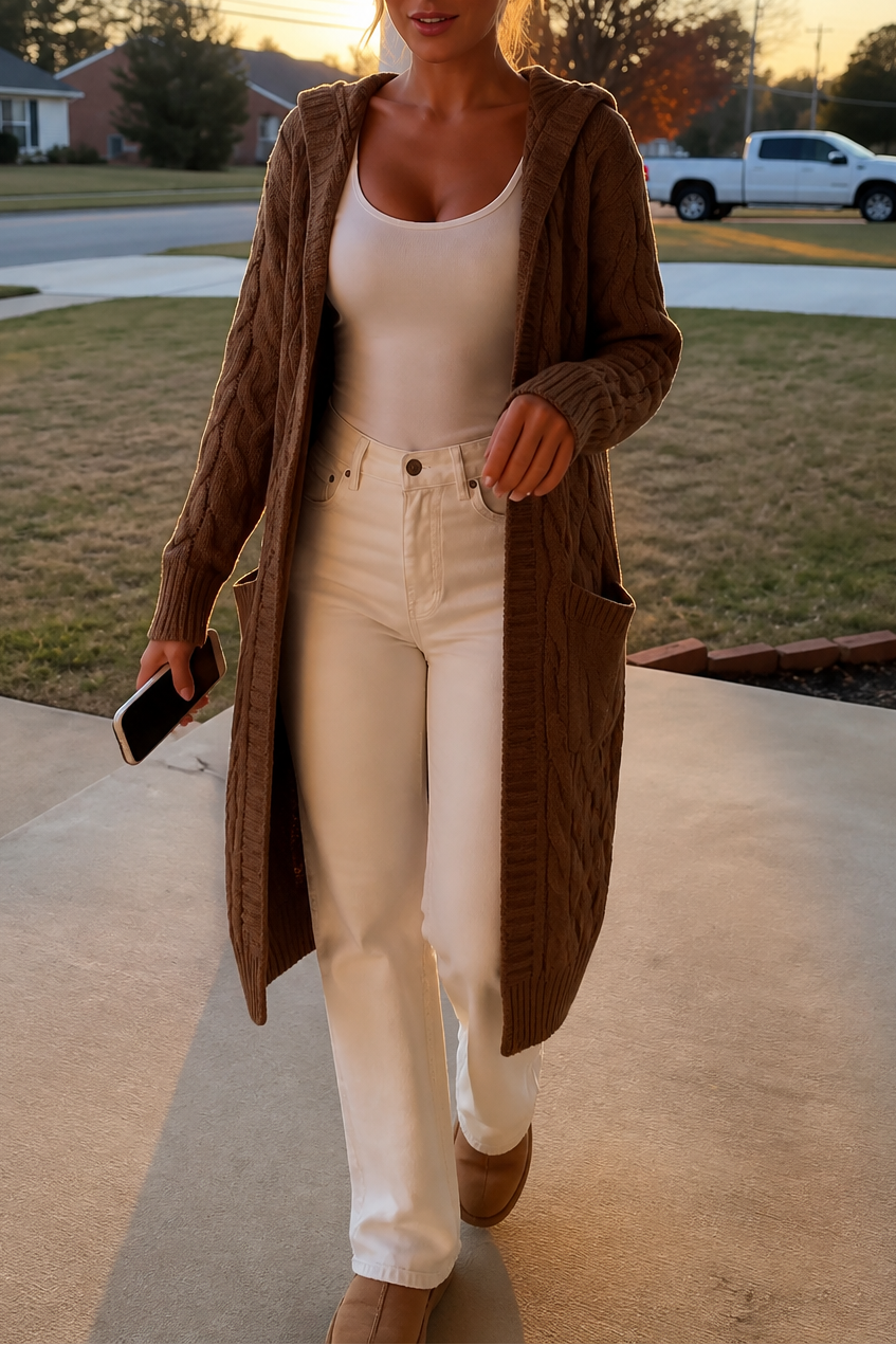 Women's longline hooded cable knit cardigan with long sleeves and front pockets