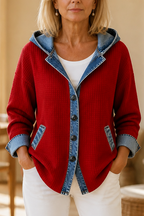 Women's hooded patchwork cardigan with contrast panels and button front