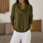Women's cowl neck knit sweater with long sleeves and ribbed hem