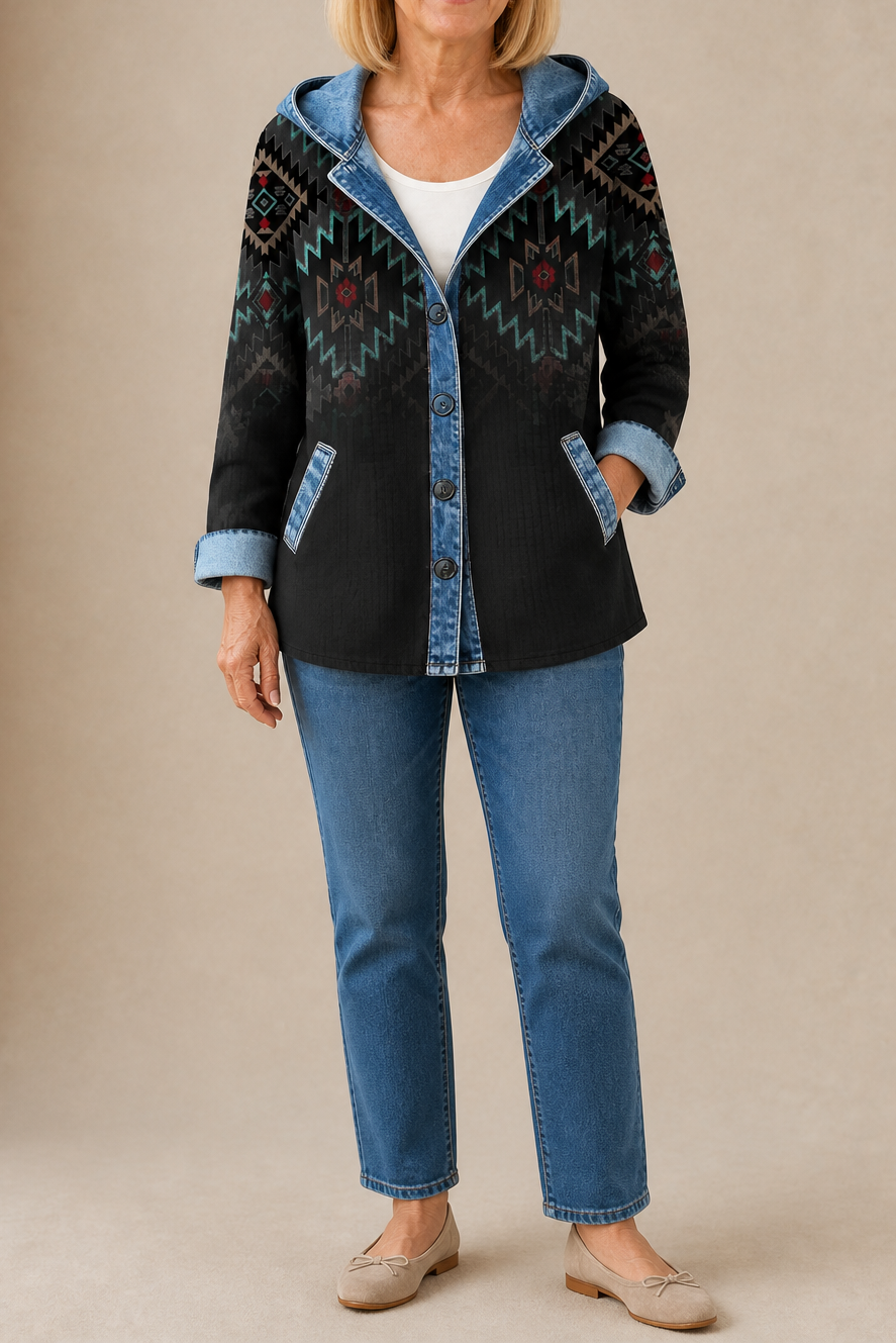Women's checked plaid hooded cardigan with denim-look trim and button front