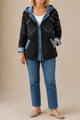 Women's checked plaid hooded cardigan with denim-look trim and button front
