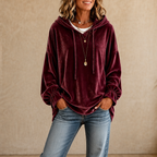 Women's relaxed velvet hoodie with drawstring hood and gathered cuffs