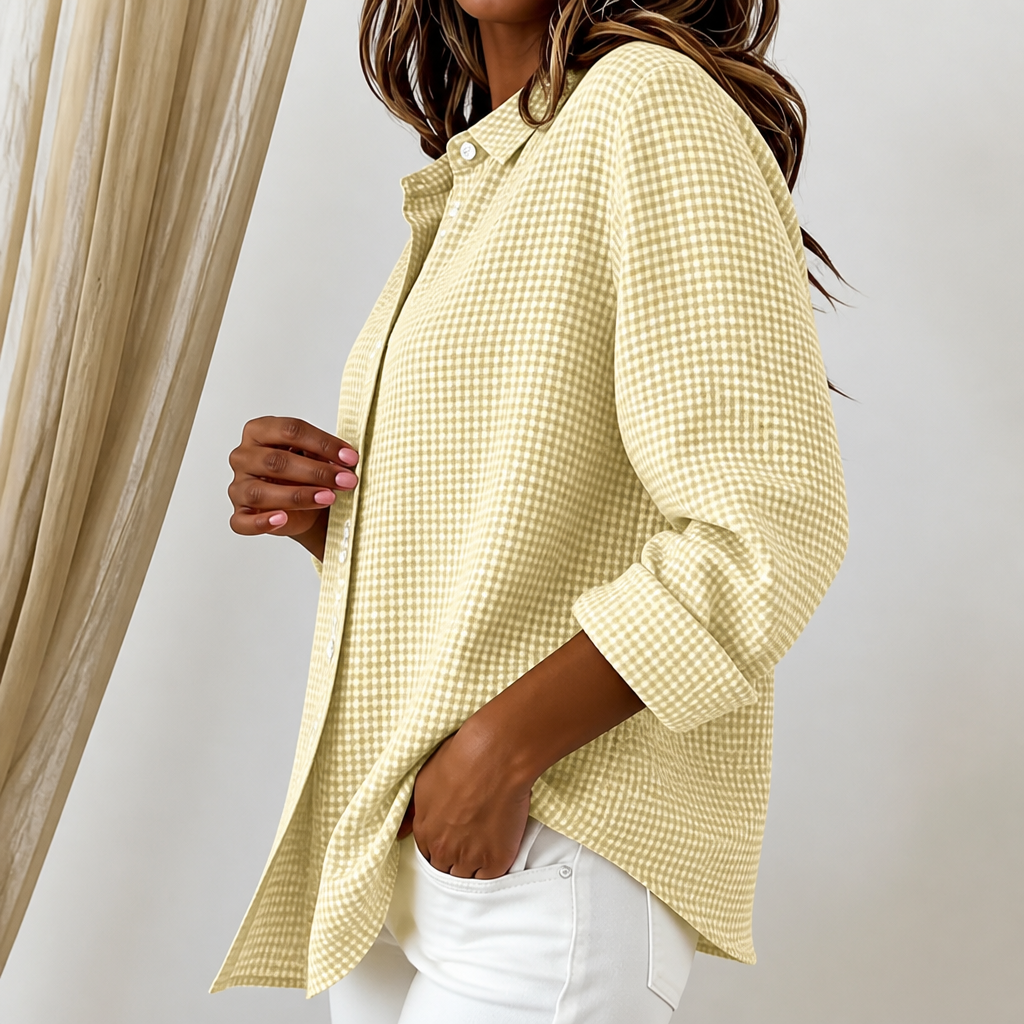 Women's checked button-down shirt with pointed collar, long sleeves and curved hem