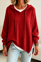 Women's oversized hooded knit sweater with drawstring ties