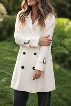 Women's longline double-breasted coat with knitted sleeves and buckle cuffs