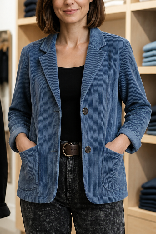 Women's structured ribbed texture blazer with notched collar, long sleeves and patch pockets