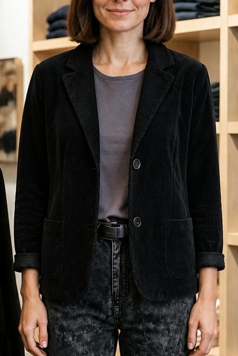 Women's structured ribbed texture blazer with notched collar, long sleeves and patch pockets