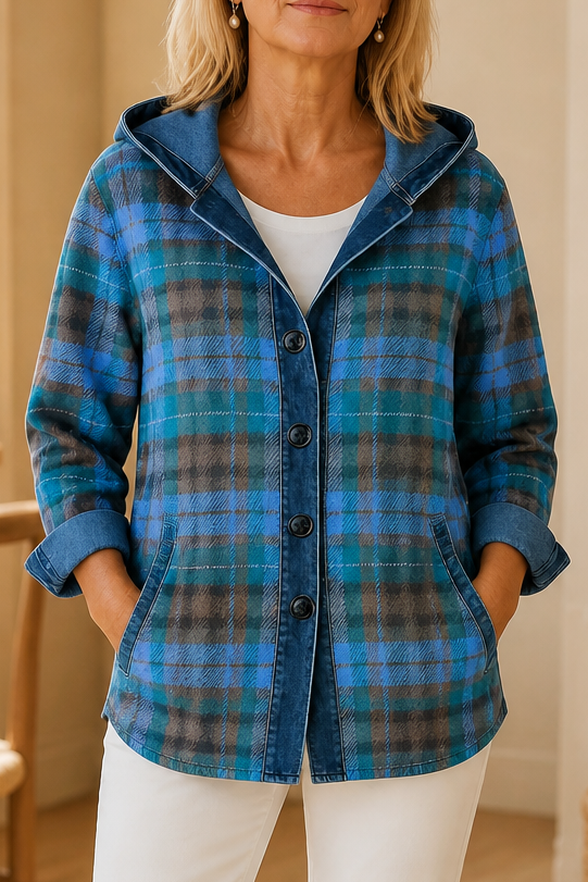 Women's hooded patchwork cardigan with contrast panels and button front