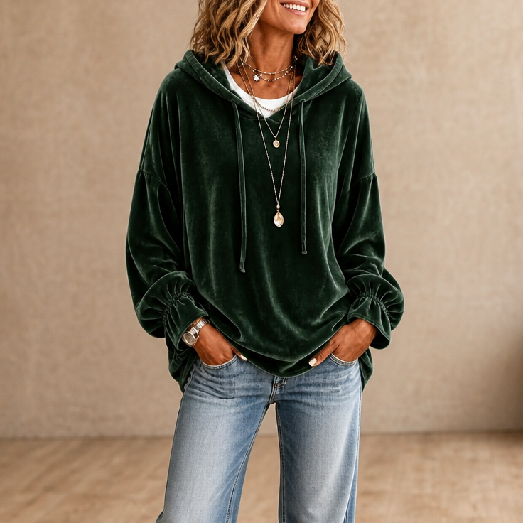 Women's relaxed velvet hoodie with drawstring hood and gathered cuffs