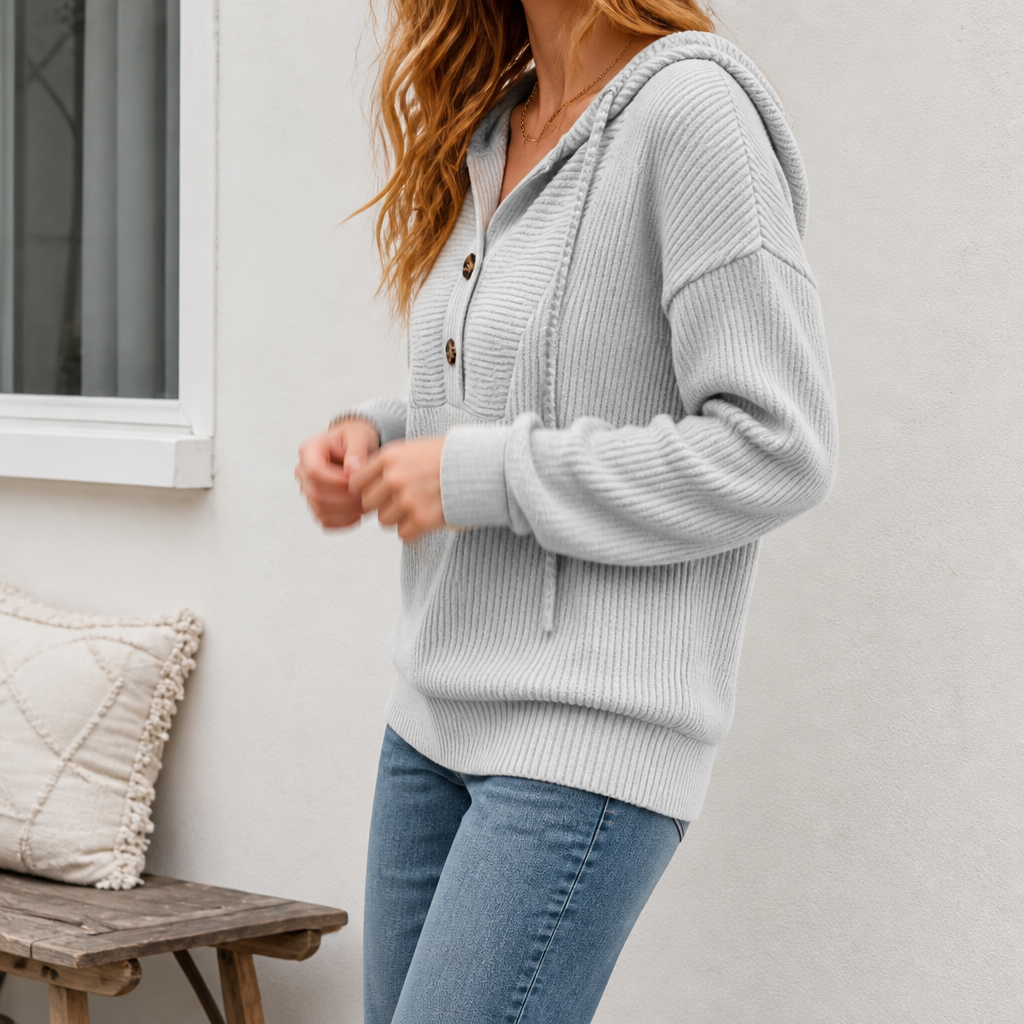 Women's ribbed knit hooded jumper with button front and long sleeves