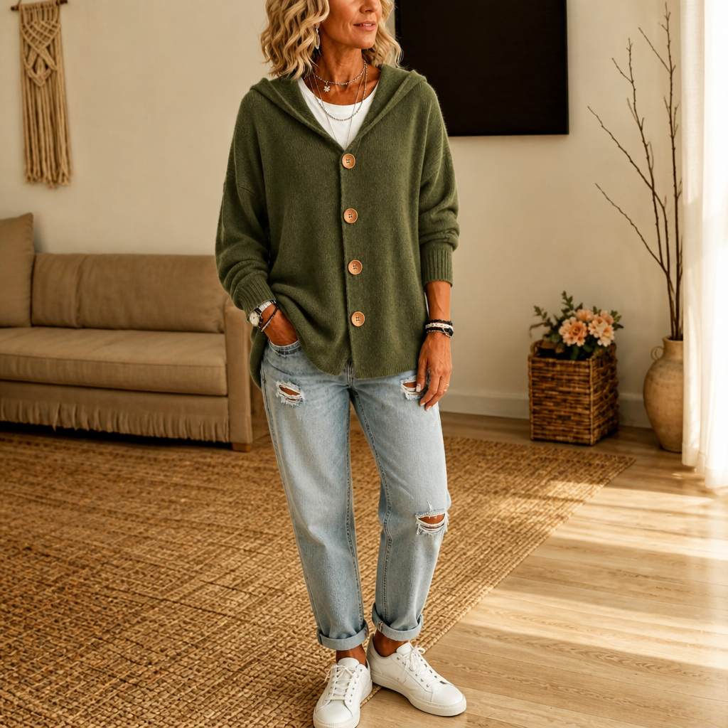 Women's hooded waffle-knit cardigan with button front and side pockets