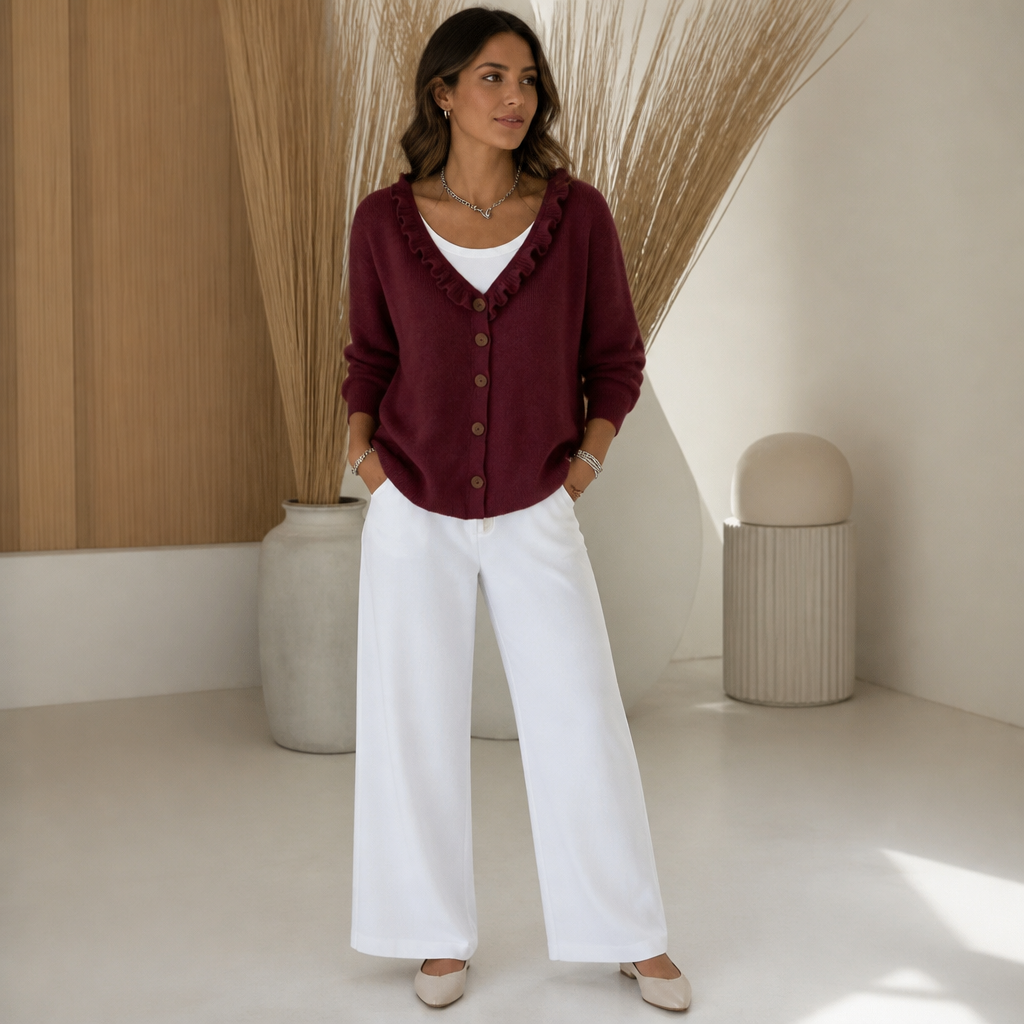 Women's ruffle-trimmed button cardigan with long sleeves
