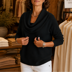 Women's cowl neck knit sweater with long sleeves and ribbed hem