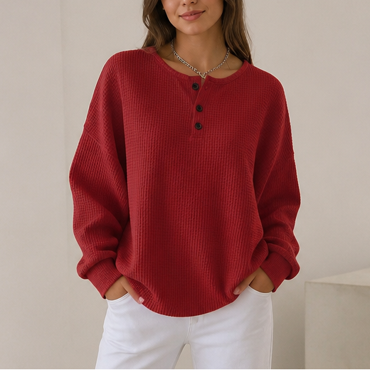 Women's waffle knit henley top with long sleeves and button placket