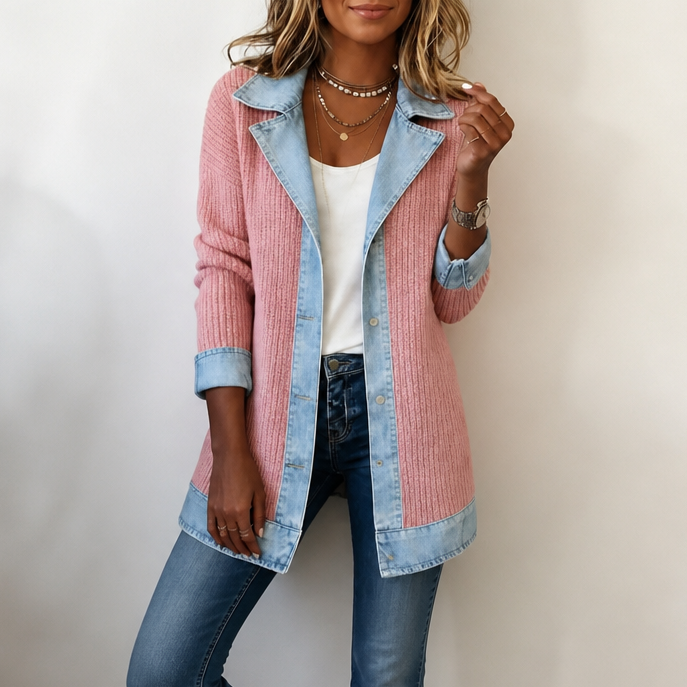 Women's ribbed knit coat with denim collar, cuffs and hem panels
