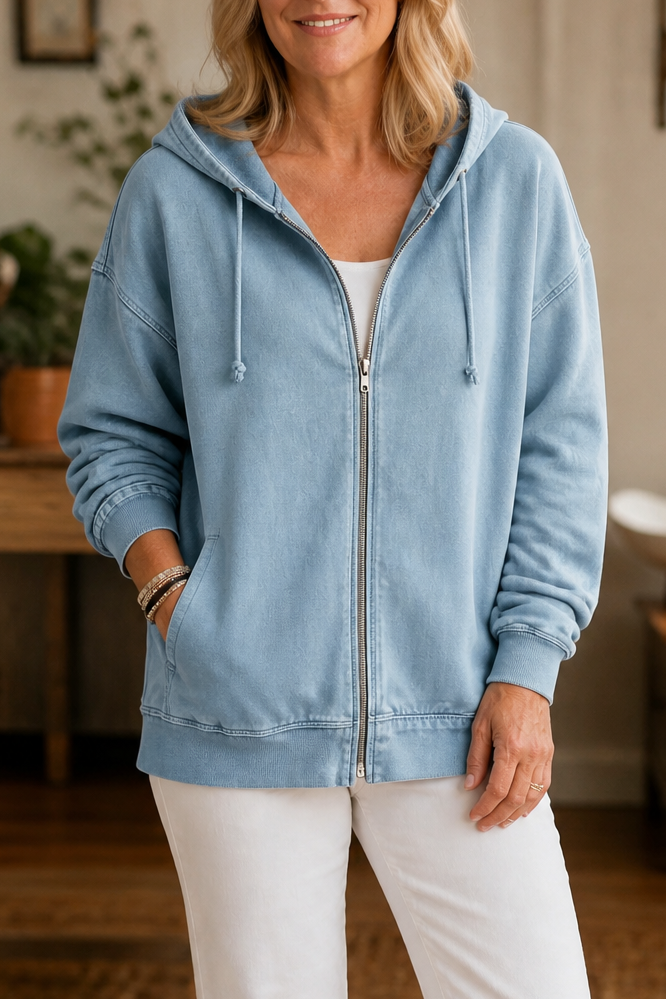 Women's relaxed washed zip-up hoodie with drawstring hood and front pockets