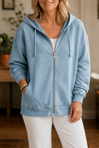 Women's relaxed washed zip-up hoodie with drawstring hood and front pockets