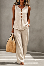 Women's sleeveless V-neck button-up vest and wide-leg trousers set