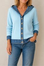 Women's checked plaid hooded cardigan with denim-look trim and button front