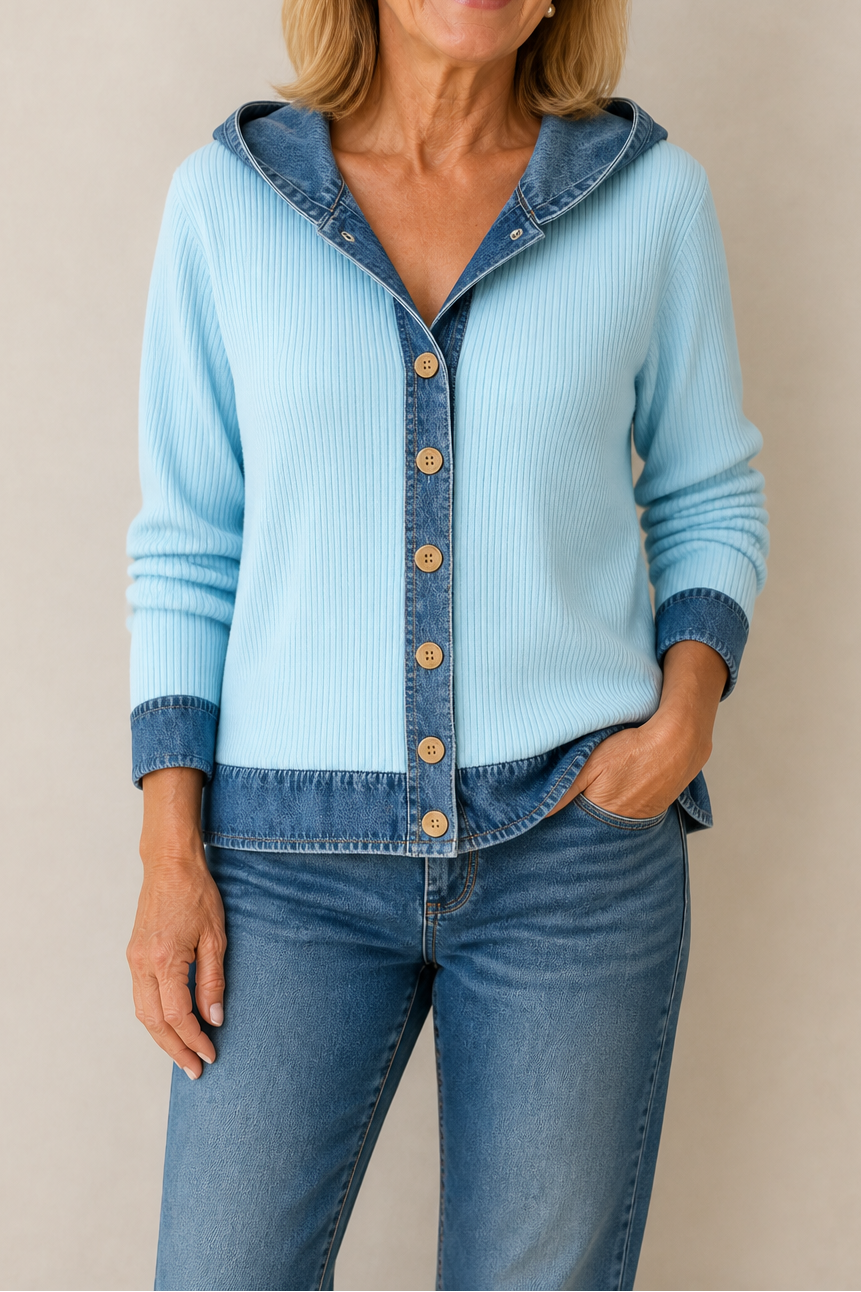 Women's checked plaid hooded cardigan with denim-look trim and button front