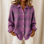 Women's plaid shirt-collar cardigan with long sleeves and button front