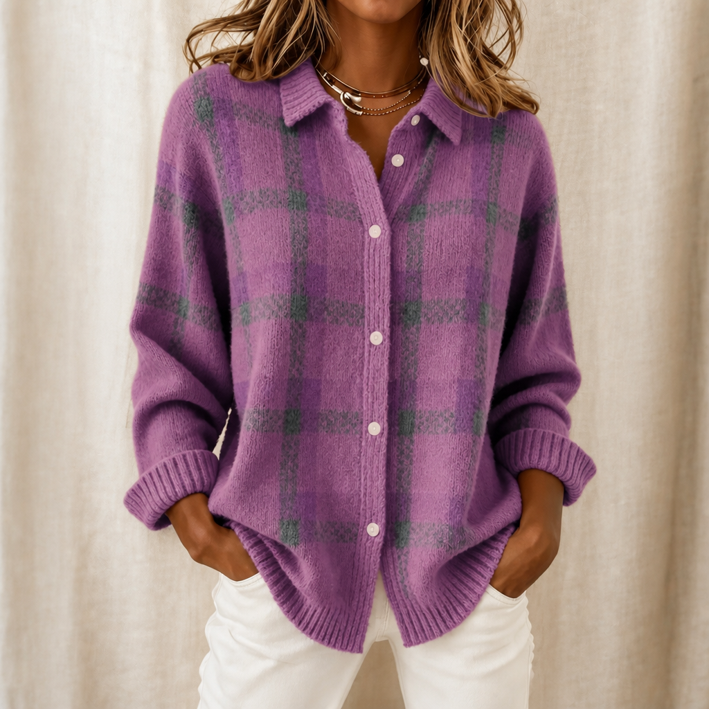 Women's plaid shirt-collar cardigan with long sleeves and button front