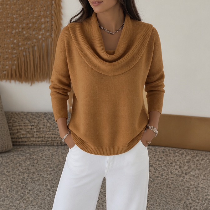 Women's cowl neck knit sweater with long sleeves and ribbed hem