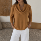 Women's cowl neck knit sweater with long sleeves and ribbed hem