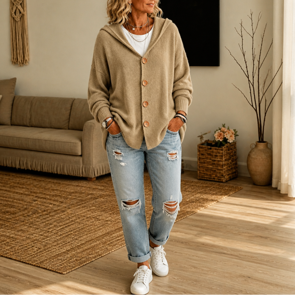 Women's hooded waffle-knit cardigan with button front and side pockets