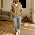 Women's hooded waffle-knit cardigan with button front and side pockets