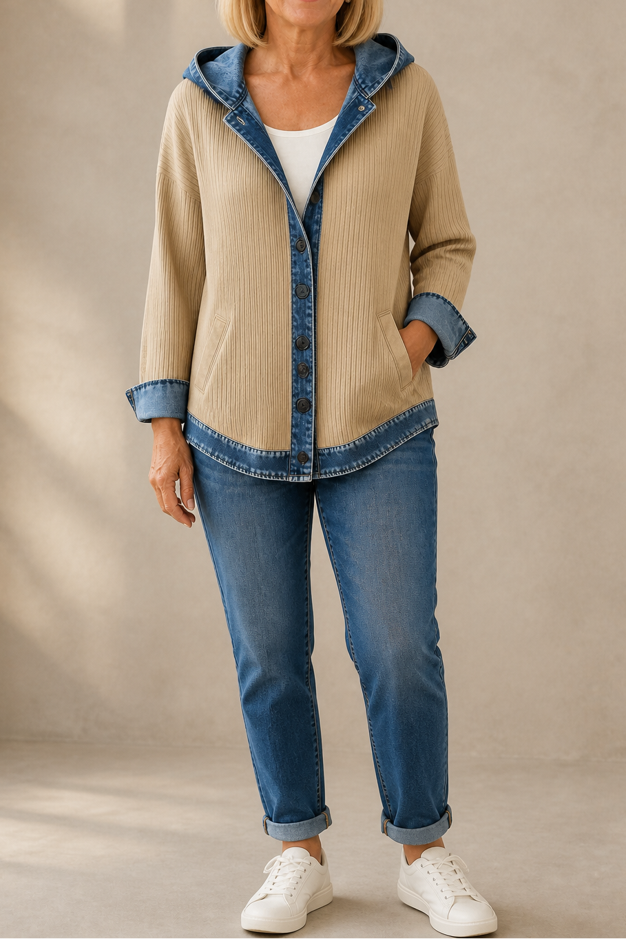 Women's checked plaid hooded cardigan with denim-look trim and button front
