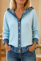 Women's hooded patchwork cardigan with contrast panels and button front