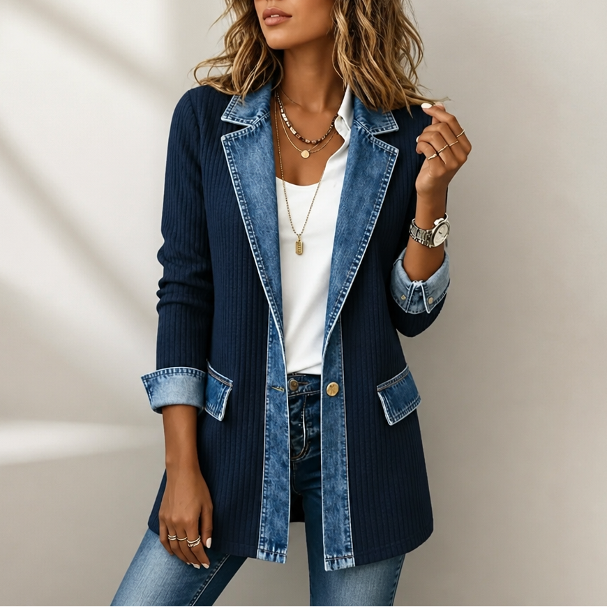 Women's ribbed knit coat with denim collar, cuffs and hem panels