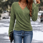 Women's crossover wrap knit top with V-neckline and long sleeves