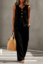 Women's sleeveless V-neck button-up vest and wide-leg trousers set