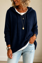 Women's oversized hooded knit sweater with drawstring ties