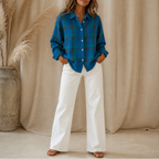 Women's plaid shirt-collar cardigan with long sleeves and button front