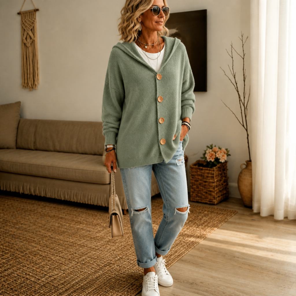 Women's hooded waffle-knit cardigan with button front and side pockets