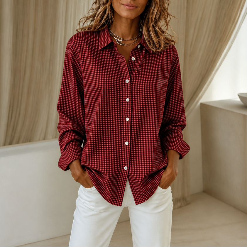 Women's checked button-down shirt with pointed collar, long sleeves and curved hem