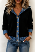 Women's hooded patchwork cardigan with contrast panels and button front