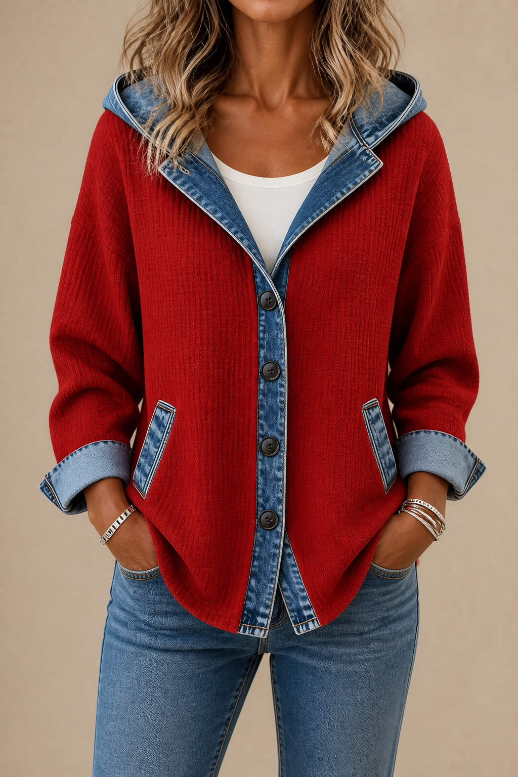 Women's checked plaid hooded cardigan with denim-look trim and button front