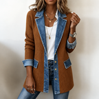 Women's ribbed knit coat with denim collar, cuffs and hem panels