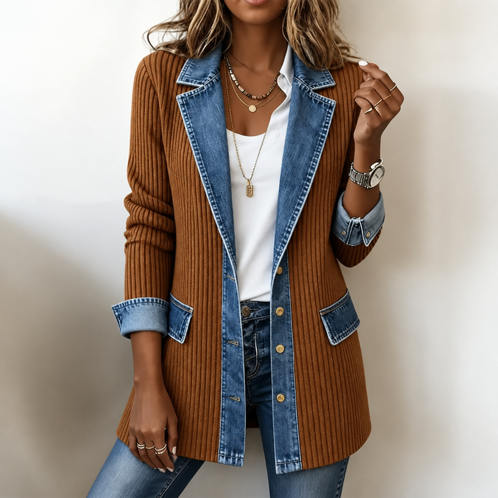 Women's ribbed knit coat with denim collar, cuffs and hem panels