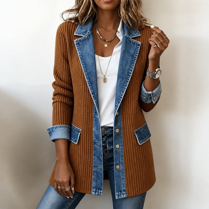 Women's ribbed knit coat with denim collar, cuffs and hem panels