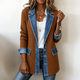 Women's ribbed knit coat with denim collar, cuffs and hem panels