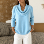 Women's cowl neck knit sweater with long sleeves and ribbed hem