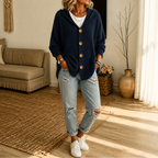 Women's hooded waffle-knit cardigan with button front and side pockets